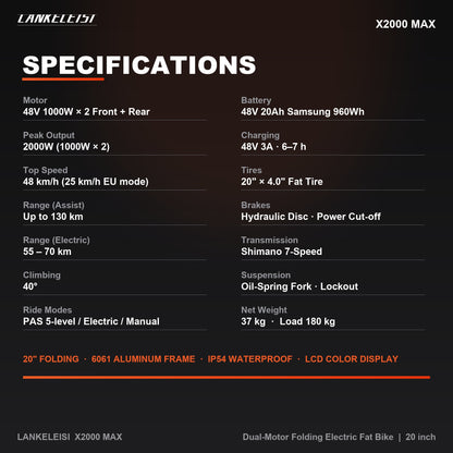 X2000 MAX specifications - dual 48V 1000W motor, 48V 20Ah Samsung battery, 48 km/h speed, 130 km range, 37 kg, 6061 aluminum folding frame, IP54