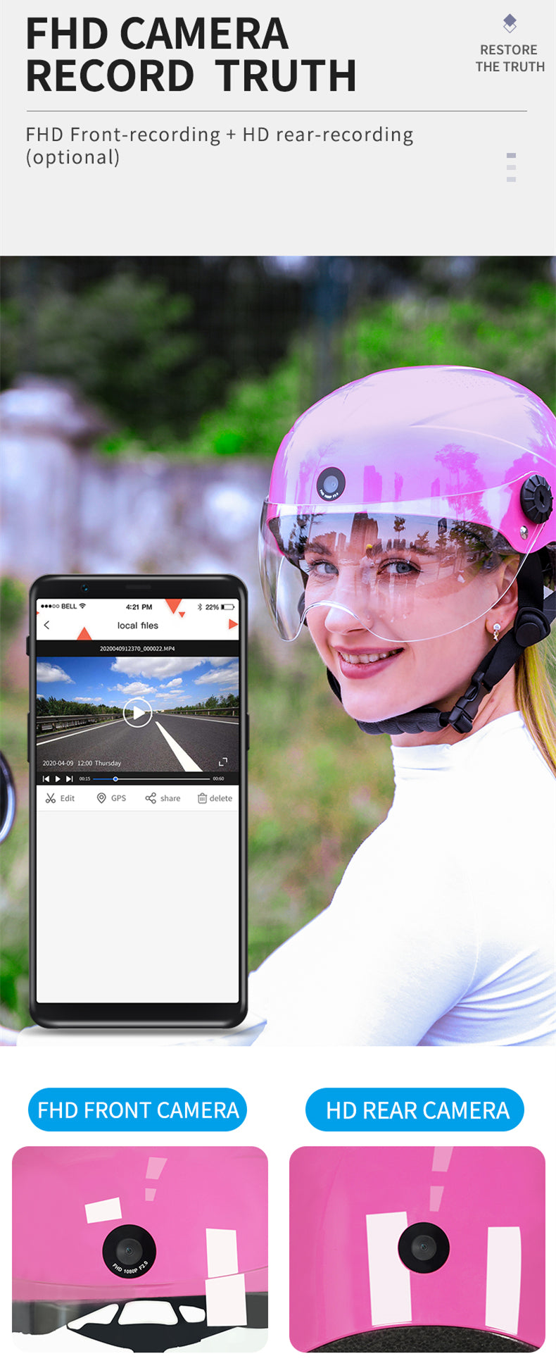 AI Smart Helmet with Front & Rear HD Built-in Camera, Bluetooth Calling and WIFI , Support Phone APP Live Check,Save and Share